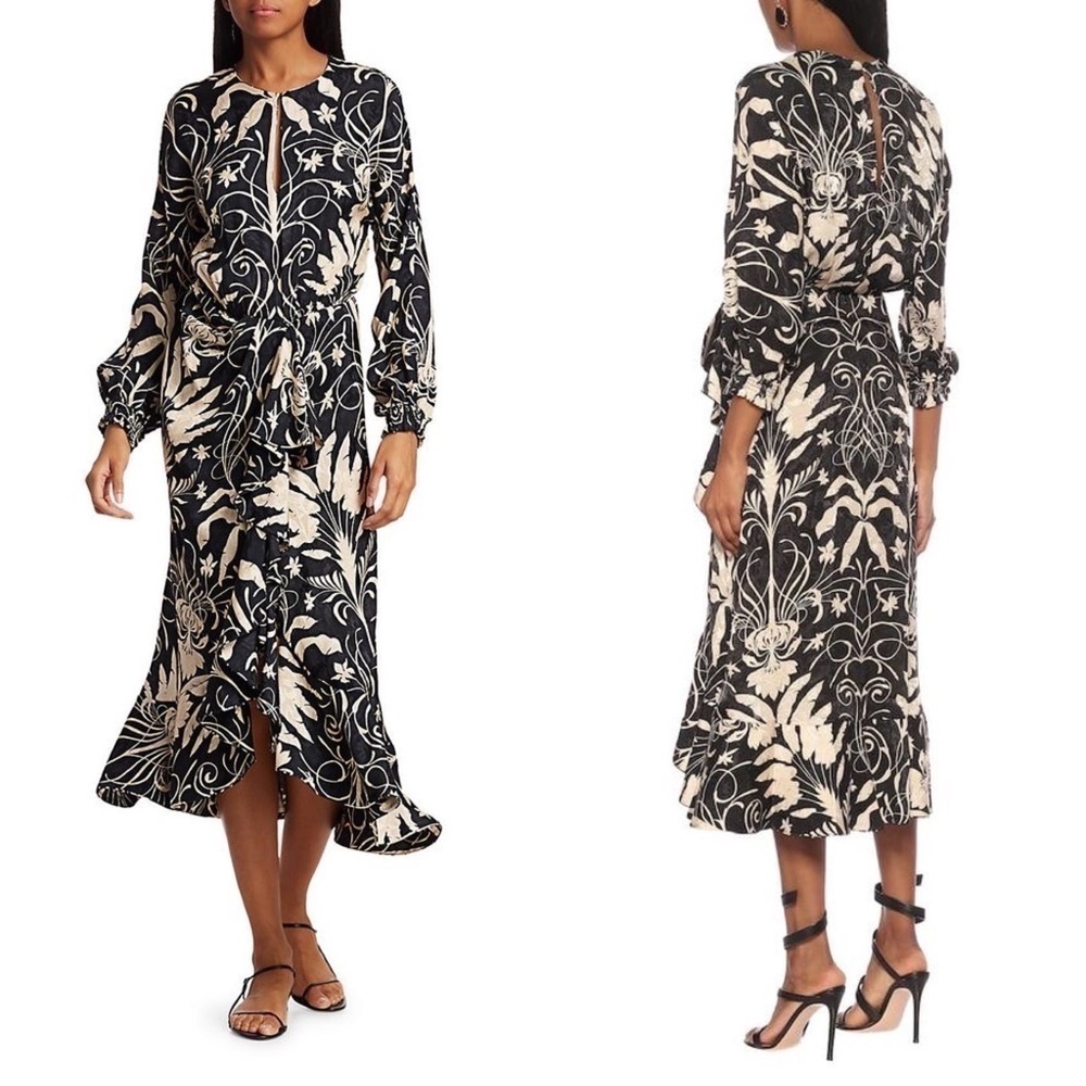Johanna Ortiz Dress Floral Ruffle Long-Sleeve Jacquard  Midi Ecru Black‎ 0 FLAW
